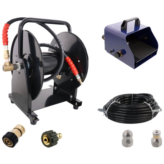 Scheiffer Sewer Jetter Kit - Foot Pedal Hose Reel 3/8" x 100' Hose and Nozzles