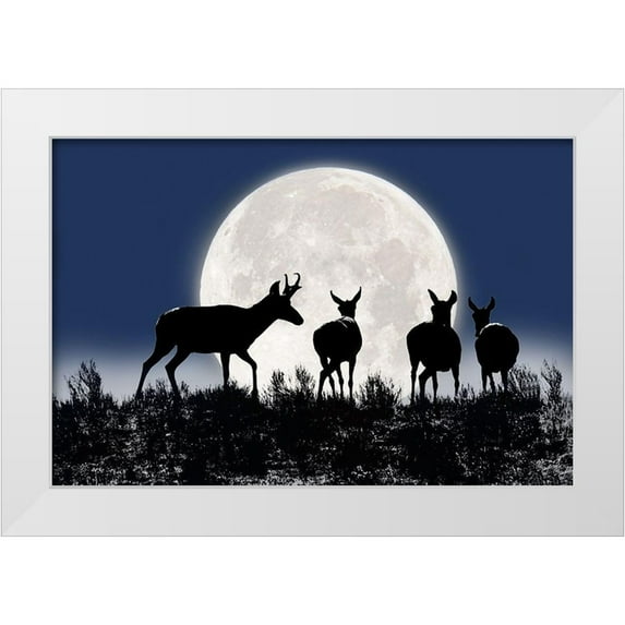 Schell, Jennie Marie 18x13 White Modern Wood Framed Museum Art Print Titled - Antelope Pronghorn Silhouettes and Moon