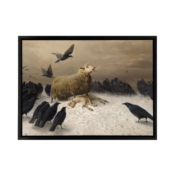 Schenck Anguish Sheep And Murder Of Crows Black Framed Canvas Art Print 12X16"
