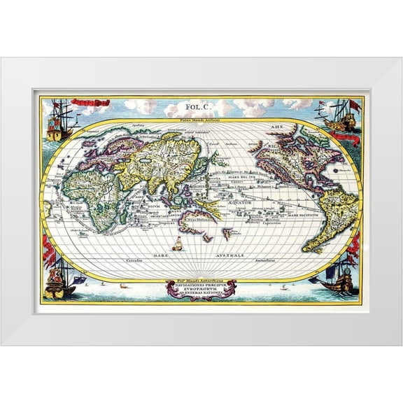 Scherer, Heinrich 32x23 White Modern Wood Framed Museum Art Print Titled - Navigationes Precipae Europorum ad Exteras Nationes Navigational Map of the World