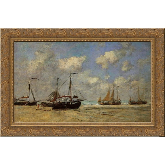Scheveningen, Boats Aground on the Shore 24x16 Gold Ornate Wood Framed Canvas Art by Eugene Boudin