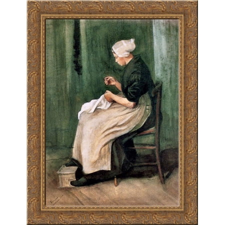 Scheveningen Woman Sewing 24x16 Gold Ornate Wood Framed Canvas Art by Vincent van Gogh