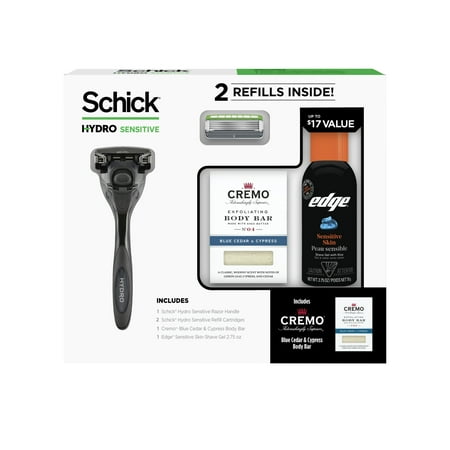 Schick Hydro Men's Gift Set, 1 Schick Hydro Sensitive Razor Handle, 2 Schick Hydro Sensitive Razor Refills, 1 Cremo Blue Cedar and Cypress Body Bar, and 1 EDGE Sensitive Skin 2.75 oz. Shave Gel