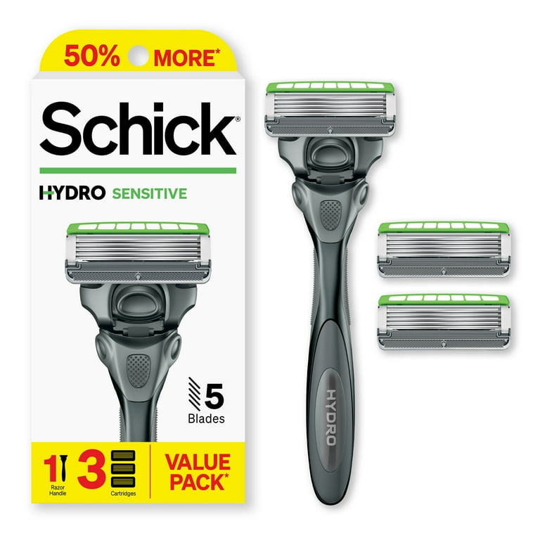 Schick Hydro Sensitive Men's 5 Blade Razor Starter Kit, 1 Razor Handle with 3 Razor Refills, Value Pack
