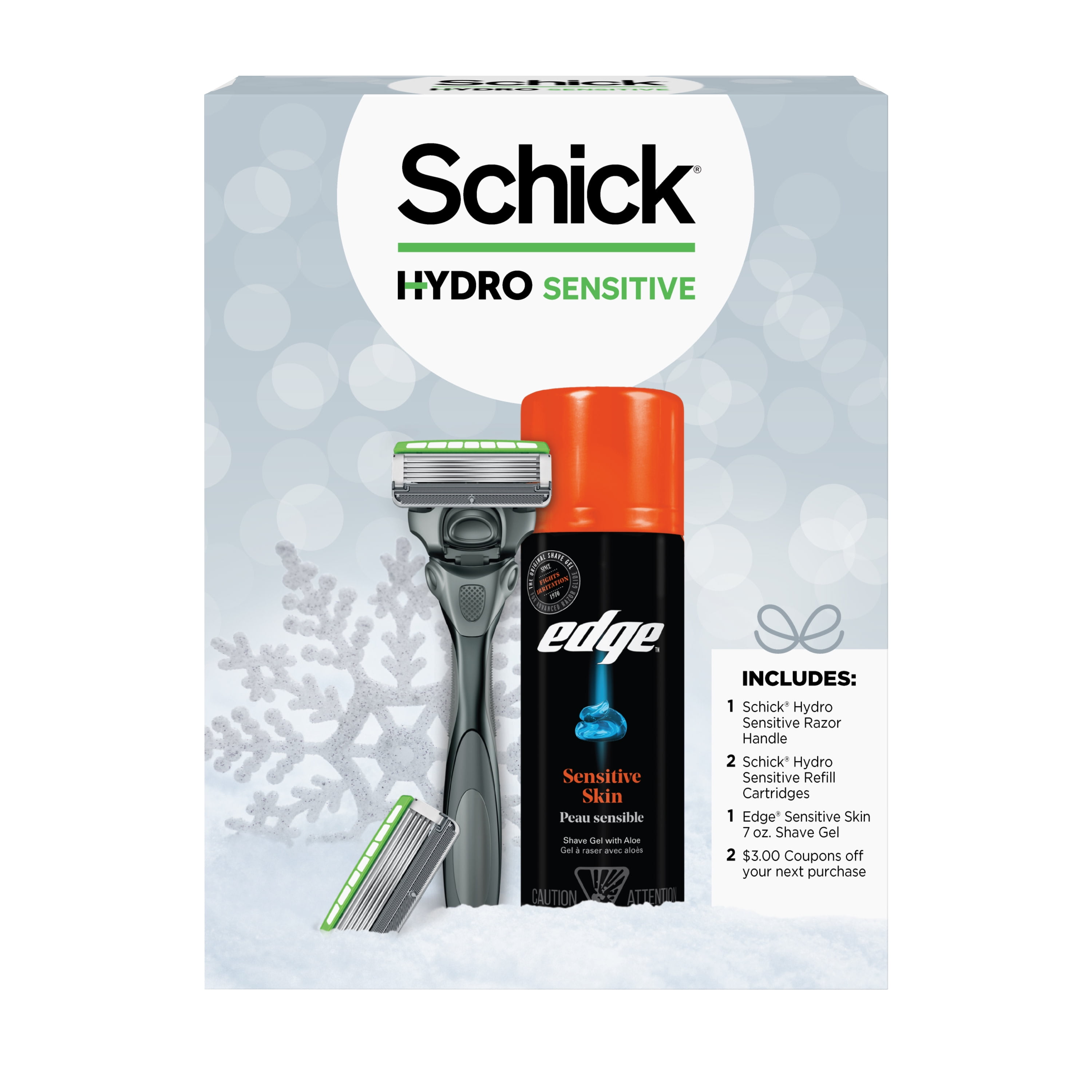 Schick Hydro Sensitive Shave Mens Gift Set, Includes Hydro Sensitive Razor Handle, 2 Sensitive 5-Blade Refill Cartridges, & Edge Sensitive Skin Shave Gel 7 oz