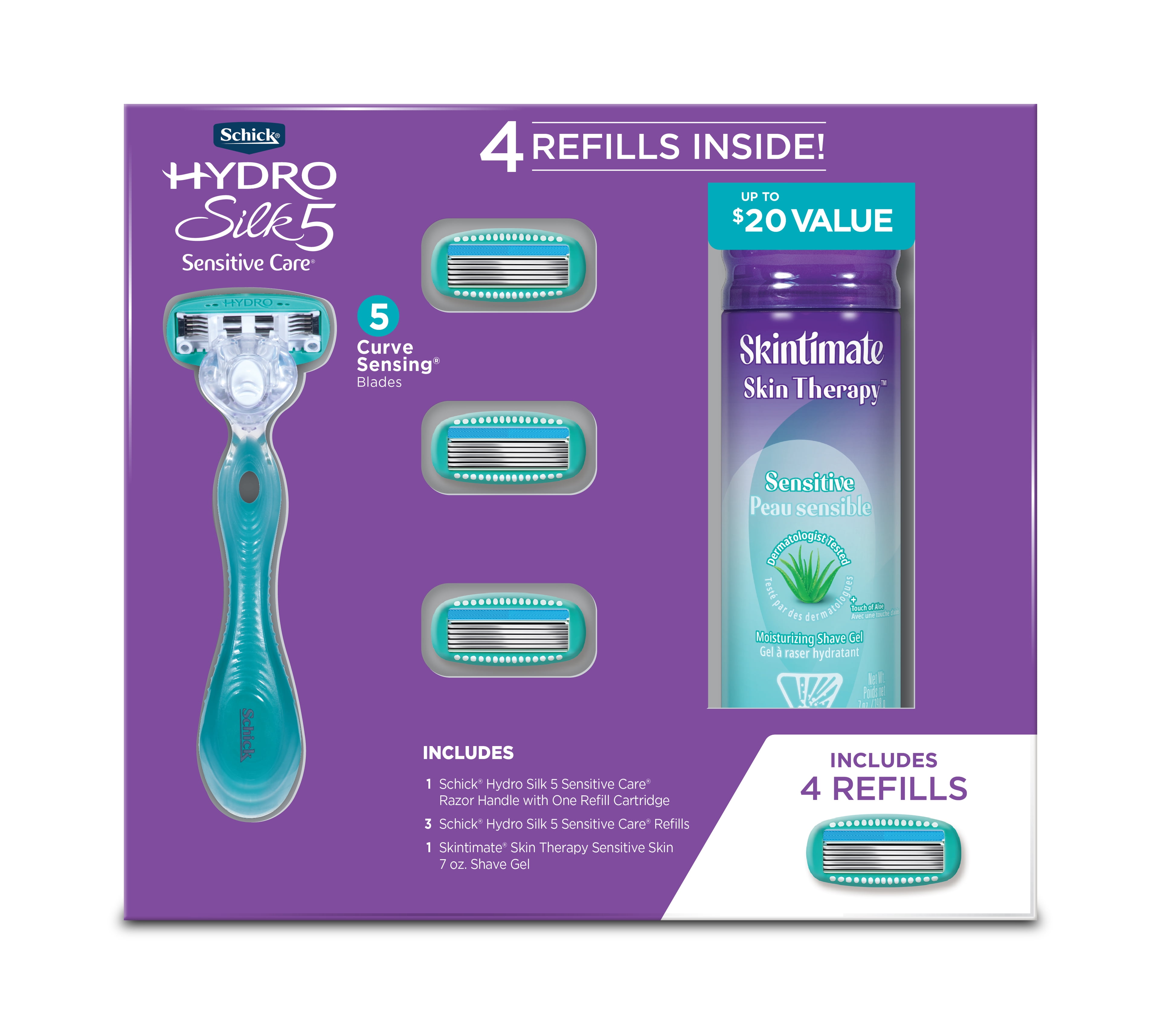 Schick Hydro Silk 5-Blade Sensitive Care Razor Handle (1 Ct), Razor Blade Refill (4 Ct), & Skintimate Skin Therapy Sensitive Skin Shave Gel 7 Oz (1 Ct) Womens Shaving Gift Set