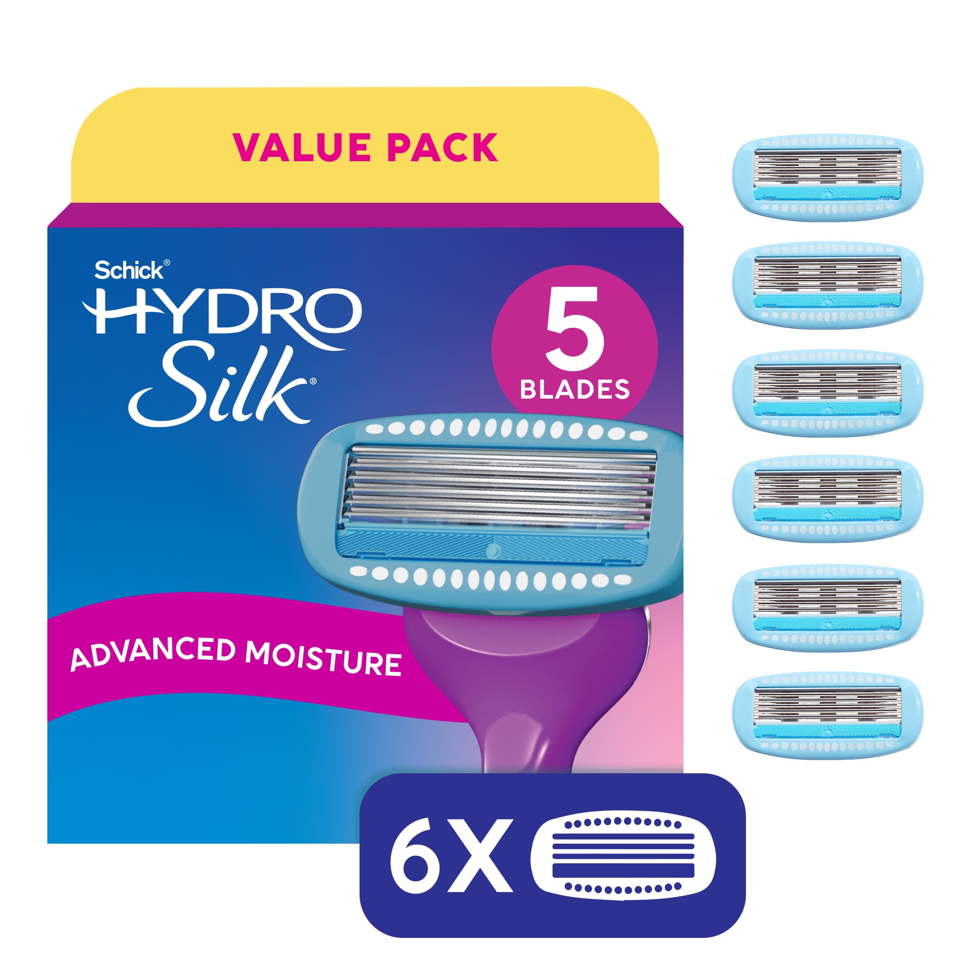 Schick Hydro Silk Moisture Razor Blade Refills, 6 ct, 5-Blade Moisturizing Razors for Women