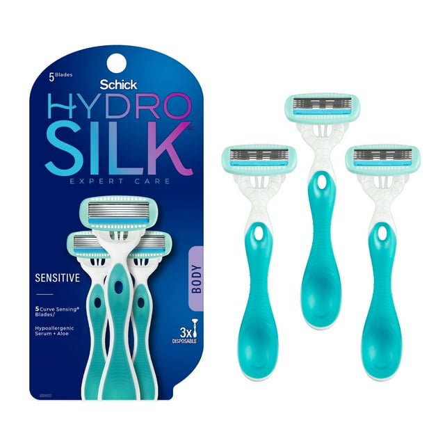 Schick Hydro Silk Sensitive Womens Disposable Razors, 3 ct, 5-Blade Disposable Razors for Women Sensitive Skin, Travel Razor for Women