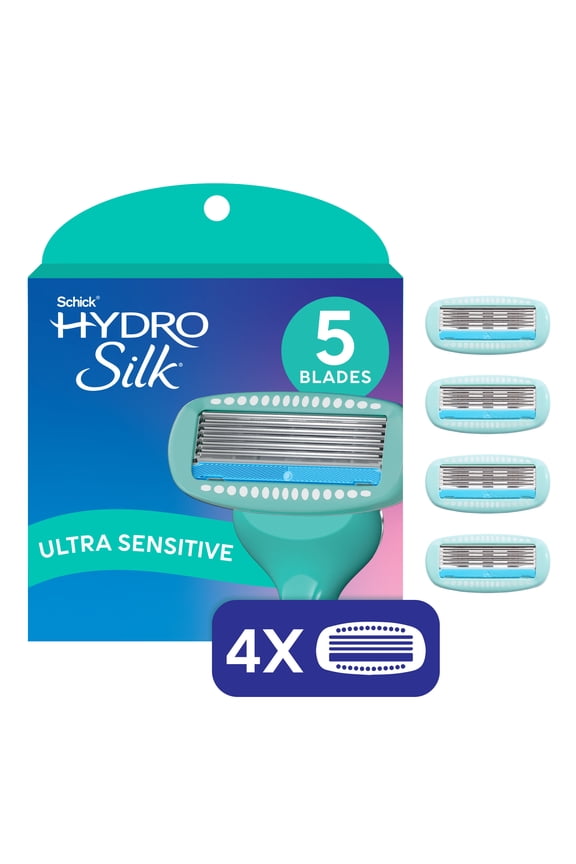 Hydro Silk Sensitive Womens Razor Blade Refills, 4 ct, 5-Blade Razors for Women Sensitive Skin