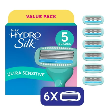 Schick Hydro Silk Sensitive Women's Razor Refills, 6 Ct, 5-Blade Razors for Women Sensitive Skin