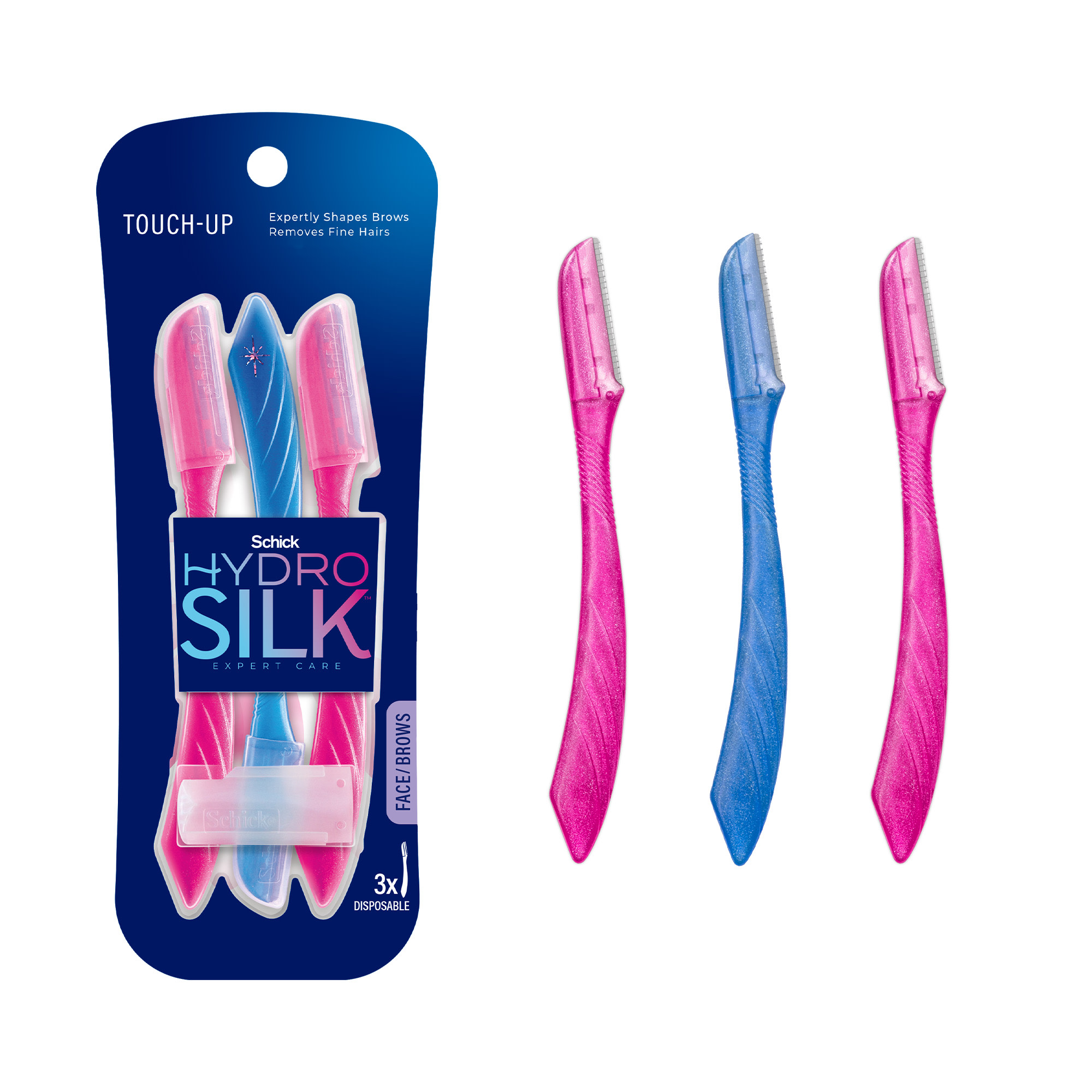 Schick Hydro Silk Touch-up Dermaplaning Tool with Precision Cover, 3 Ct, Womens Facial Razor & Eyebrow Razor - image 1 of 12
