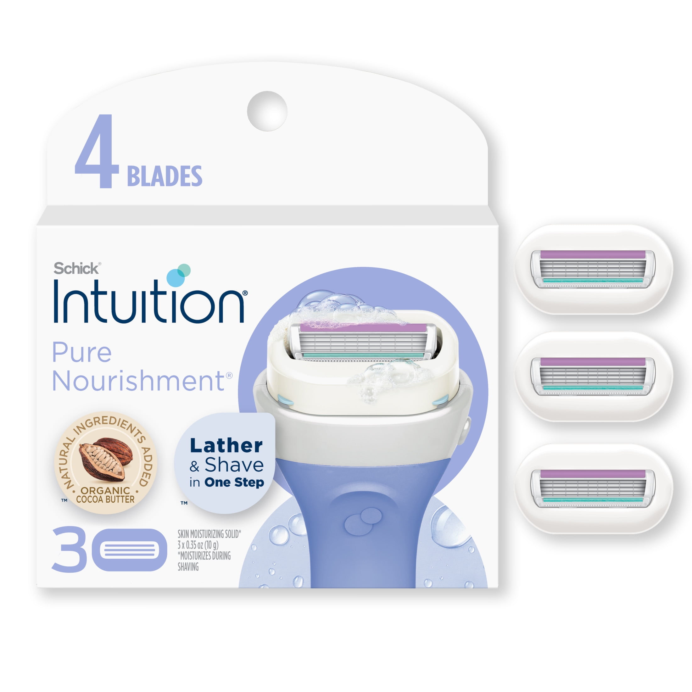 Schick Intuition 4Blade Pure Nourishment Women's Razor Blade Cartridge Refills, 3 Ct, Lather