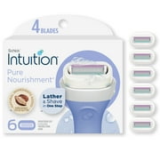 Schick Intuition 4-Blade Pure Nourishment Women's Razor Blade Cartridge Refills, 6 Ct, Lather & Shave In One Step, With Organic Cocoa Butter