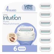 Schick Intuition 4-Blade Pure Nourishment Women's Razor Blade Cartridge Refills, 6 Ct, Lather & Shave In One Step, With Organic Cocoa Butter