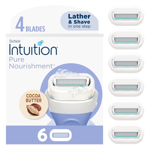 Schick Intuition 4-Blade Pure Nourishment Women's Razor Blade Cartridge Refills, 6 Ct, Lather & Shave In One Step, With Organic Cocoa Butter