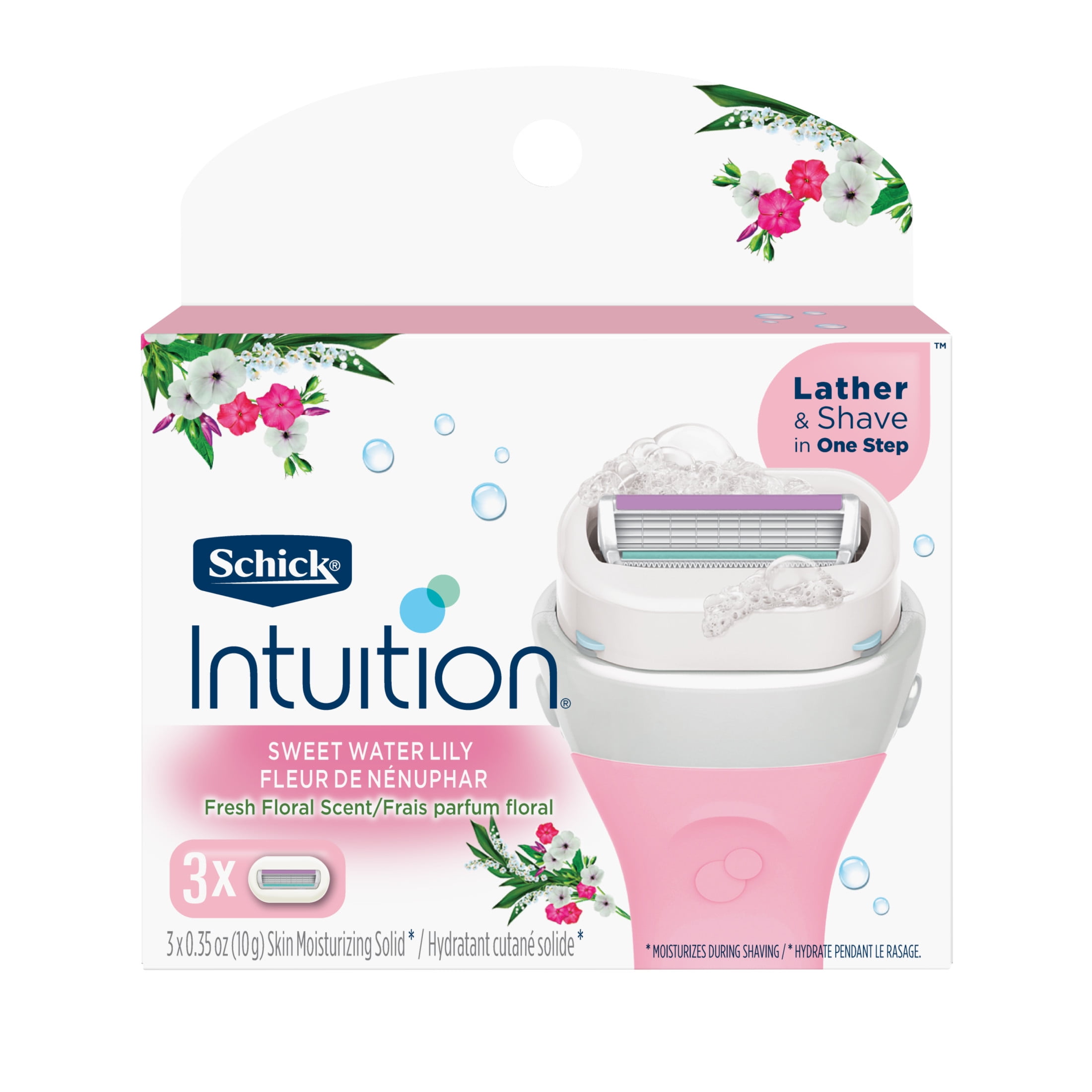 Schick Intuition 4-Blade Sweet Water Lily Women's Razor Blade Cartridge Refills, 3 Ct, Lather & Shave In One Step, Fresh Floral Scent