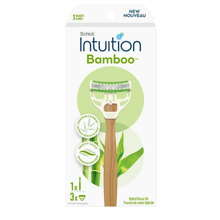 Schick Intuition Bamboo 3-Blade Womens Razor Handle Plus 3 Razor Cartridge Refills, All Skin Types