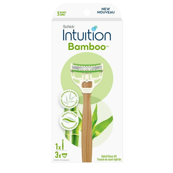 Schick Intuition Bamboo 3-Blade Womens Razor Handle Plus 3 Razor Cartridge Refills, Made With Renewable Bamboo, Smooth Shave