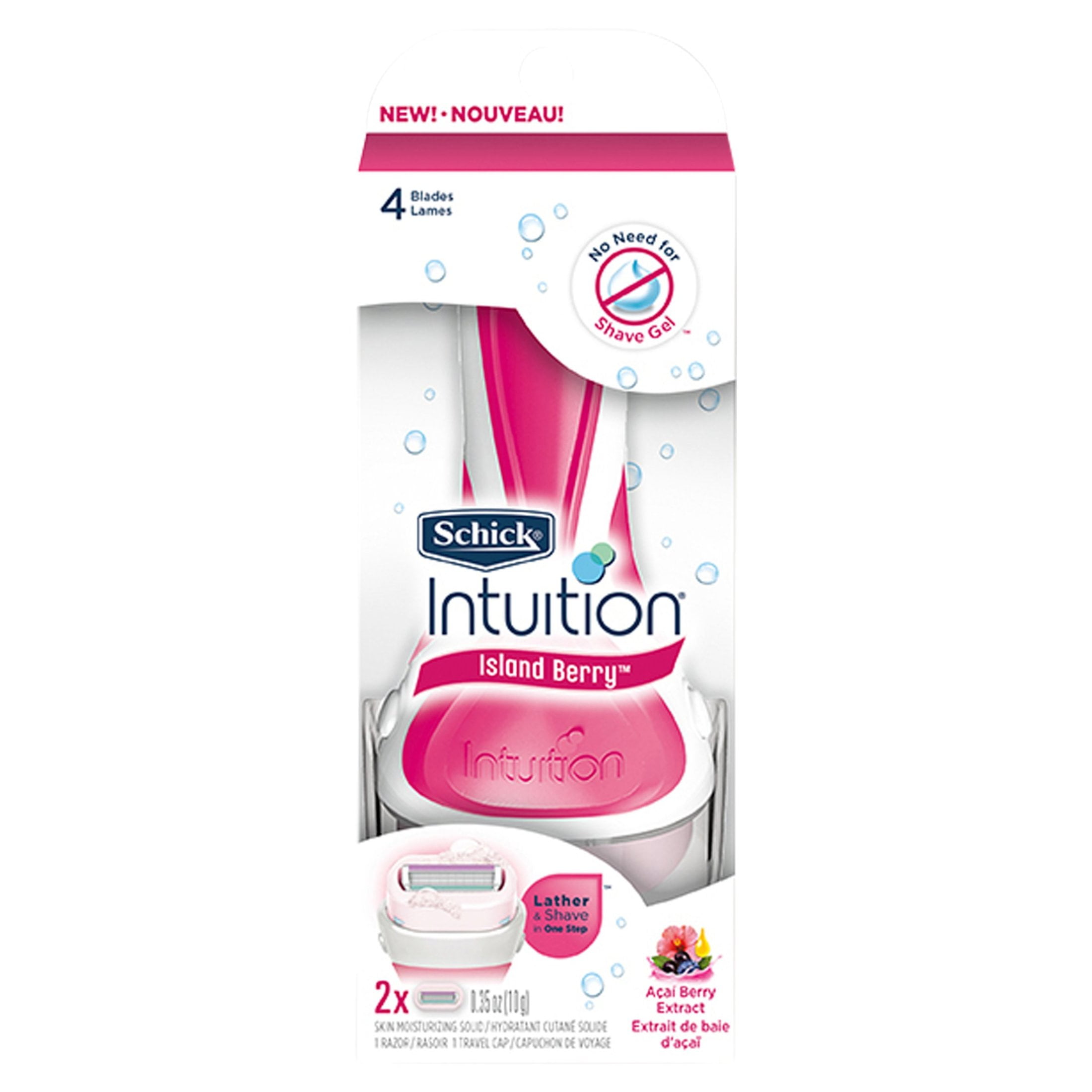 Schick Intuition Island Berry 4Blade Women's Razor, 1 Handle + 2 Refills, Lather & Shave In One