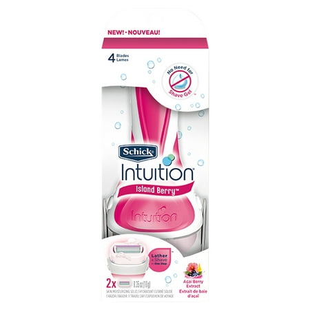 Schick Intuition Island Berry 4-Blade Women's Razor, 1 Handle + 2 Refills, Lather & Shave In One Step