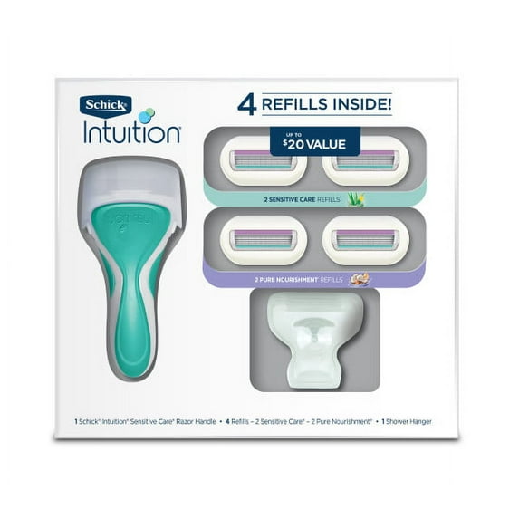 Schick Intuition Sensitive Care Razor Handle (1 Ct), Intuition Sensitive Care Razor Blade Refill (2 Ct), Intuition Pure Nourishment Blade Refill (2 Ct), & Shower Hanger Womens Shaving Gift Set