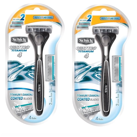 Schick Quattro Razor & Cartridges, Titanium Coated Blades, 1 Razor, 2 Cartridges (Pack of 2) + Schick Slim Twin ST for Sensitive Skin