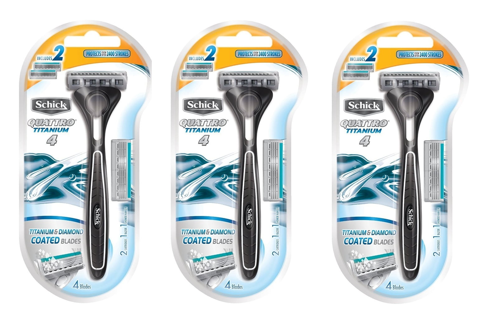 Schick Quattro Razor & Cartridges, Titanium Coated Blades, 1 Razor, 2 Cartridges (Pack of 3) + Eyebrow Ruler