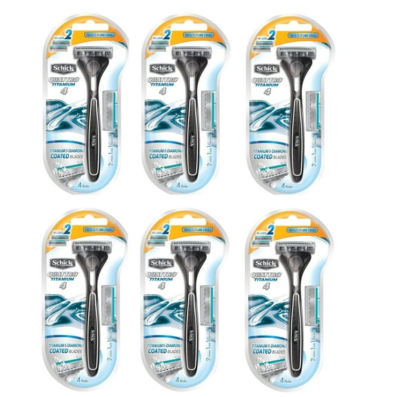 Schick Quattro Razor & Cartridges, Titanium Coated Blades, 1 Razor, 2 Cartridges (Pack of 6) + 3 Count Eyebrow Trimmer