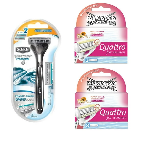 Schick Quattro Titanium 1 Razor with 2 Refill Blades and Wilkinson Quattro for Women Refill Blades, 6 count