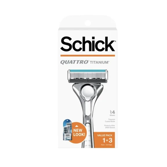 Schick Quattro Titanium Mens Razor 4 Blade System, 1 Handle + 3 Cartridges Each, Titanium Coated Blades, Pack of 3