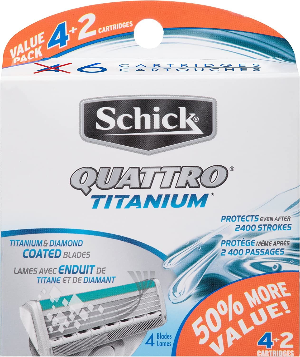 Schick Quattro Titanium Razor Blade Refills for Men Value Pack, 6 Count