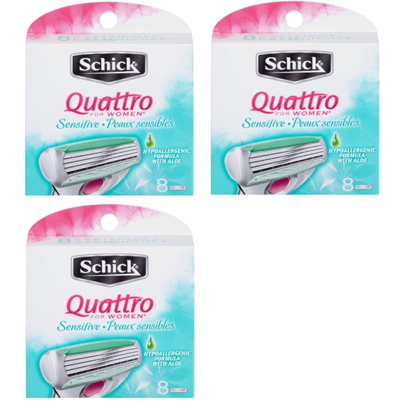 Schick Quattro for Women Sensitive Hypo Allergenic Aloe Refill Blade Cartridges, 8 Count (Pack of 3)