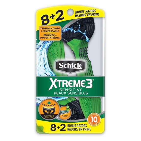 Schick Xtreme 3 Men's Disposable Razor Sensitive 8+2 Bonus