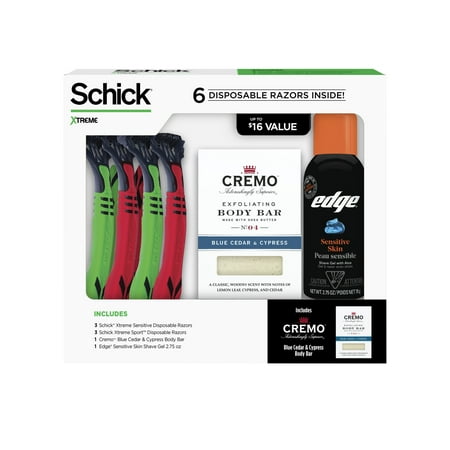 Schick Xtreme Men's Gift Set, with 3 Schick Xtreme Sensitive Disposable Razors, 3 Xtreme Sport Disposable Razors, 1 Cremo Blue Cedar and Cypress Body Bar, and 1 EDGE Sensitive Skin 2.75 oz. Shave Gel