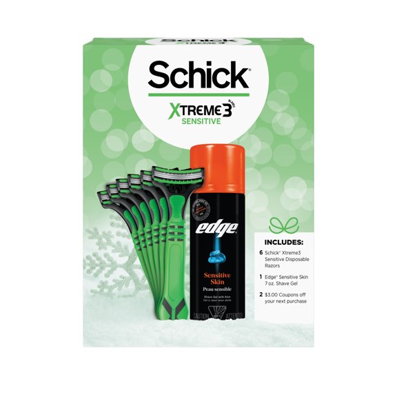 Schick Xtreme3 Sensitive Shave Mens Gift Set, Includes 6 Sensitive Disposable Mens Razors & Edge Sensitive Skin Shave Gel 7 oz