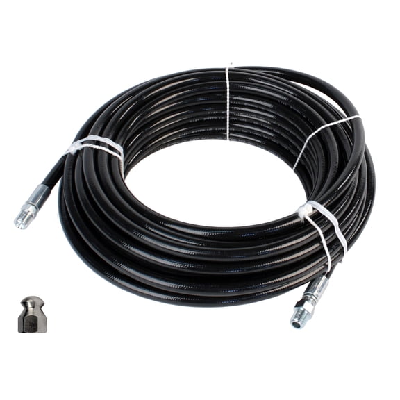 Schieffer 1/4" x 50' 4400 PSI Thermoplastic Sewer Jetter Hose & MTM Hydro 8.0 Orifice Button Nose Nozzle