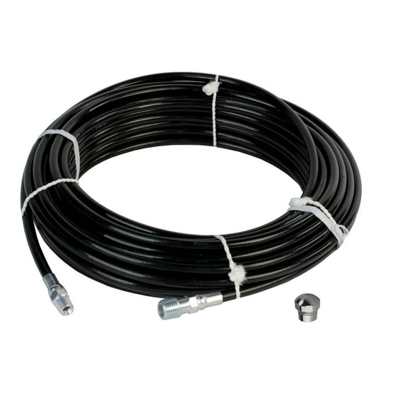 Schieffer 1/8in. x 100ft. 4800 PSI Thermoplastic Sewer Jetter Hose & MTM Hydro 4.0 Orifice Button Nose and 4.5 Rotating Nozzles