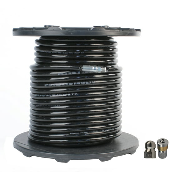 Schieffer 3/8" x 200' 4000 PSI Thermoplastic Sewer Jetter Hose & MTM Hydro 12.0 Orifice Button Nose Nozzle