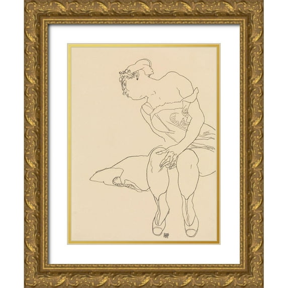 Schiele, Egon 15x18 Gold Ornate Wood Framed with Double Matting Museum Art Print Titled - Seated Woman