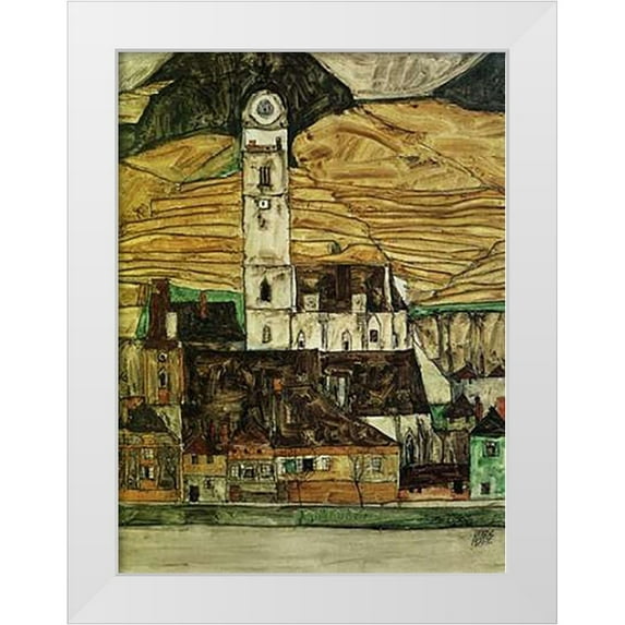 Schiele, Egon 19x24 White Modern Wood Framed Museum Art Print Titled - Stein On The Danube From The South 1913