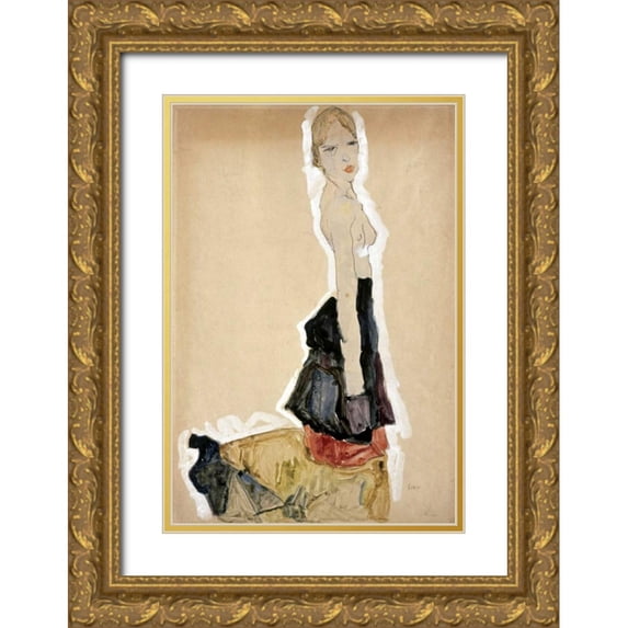 Schiele, Egon 23x32 Gold Ornate Wood Framed with Double Matting Museum Art Print Titled - Knieendes Madchen Mit Spanischem Rock