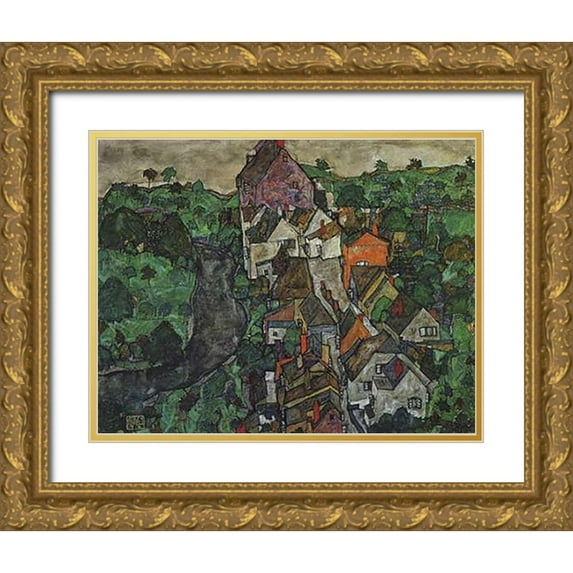 Schiele, Egon 32x26 Gold Ornate Wood Framed with Double Matting Museum Art Print Titled - KMapsau Landscape Town And River 1916