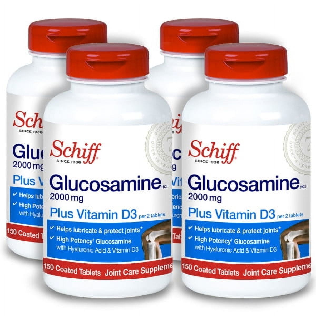 Schiff Glucosamine 2000mg with Vitamin D3 and Hyaluronic Acid Joint Supplement, 150 ct (Pack of 4)