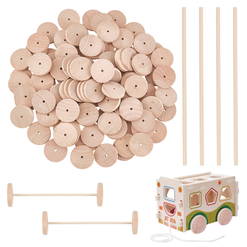 Schima Wood Unfinshed 100Pcs Wheel 50Pcs Stick Sets DIY Wooden Craft Wheat Stick: 15x0.4cm Wheel: 3.8x0.6cm Hole: 3.7mm