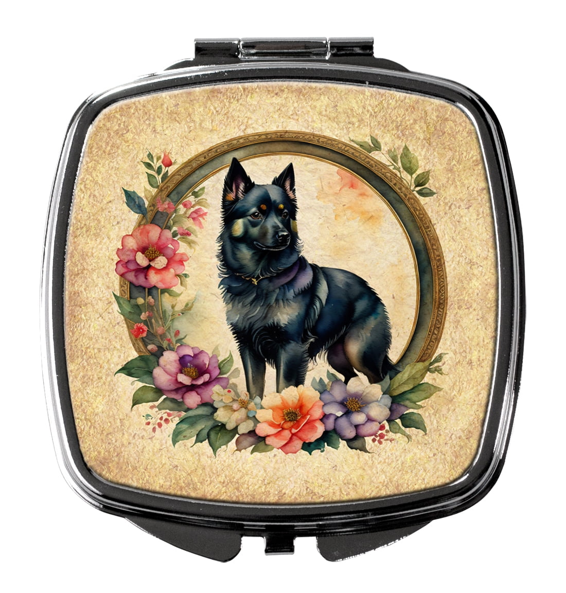 Schipperke and Flowers Compact Mirror 2.75 in x 3 in