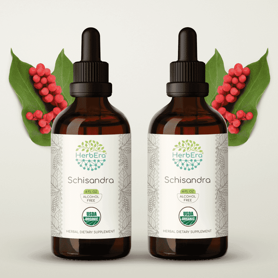 HerbEra Schisandra Tincture, Organic Herbal Dietary Supplement for Stress Support, Certified Organic Schisandra (Schisandra chinensis) Dried Berry Extract, Natural, Alcohol-Free, Drops 2x4 oz