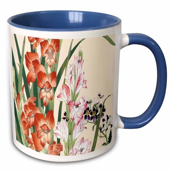3drose, Schizanthus and Gladiolus in Shades of Pink, Red and Purple, 15oz Two-tone Blue Mug