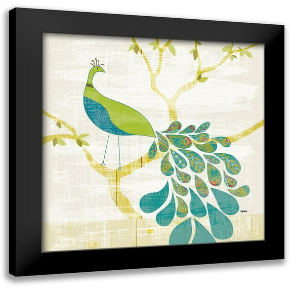 Schlabach, Sue 12x12 Black Modern Framed Museum Art Print Titled - Mod Peacock II Leaves v2