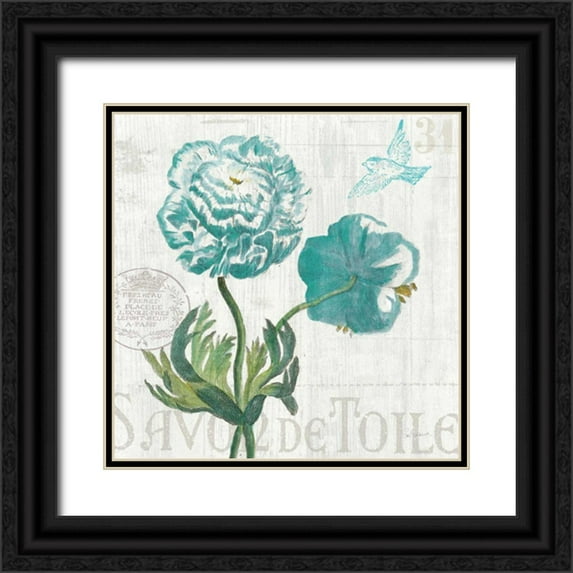 Schlabach, Sue 12x12 Black Ornate Wood Framed with Double Matting Museum Art Print Titled - Floral Messages on Wood I Blue