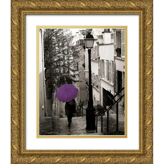 Schlabach, Sue 12x14 Gold Ornate Wood Framed with Double Matting Museum Art Print Titled - Paris Stroll II Purple Umbrella